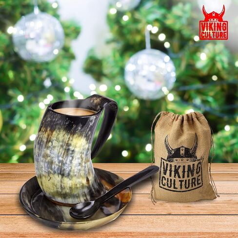 Coffee Horn Mug with Spoon, Plate and Bag, 3 Pc Set, Horned Handle with Rustic Natural Finish, Safely Holds Hot and Cold Tea, Cocoa, Wine, Beer or Mead in Saudi Arabia