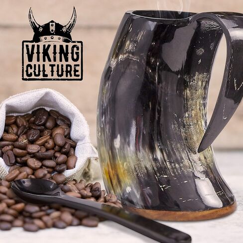 Coffee Horn Mug with Spoon, Plate and Bag, 3 Pc Set, Horned Handle with Rustic Natural Finish, Safely Holds Hot and Cold Tea, Cocoa, Wine, Beer or Mead in Saudi Arabia