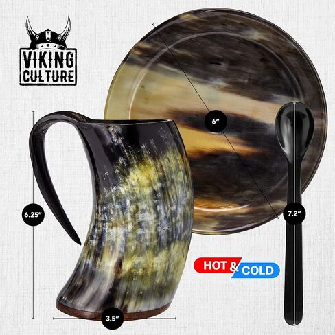 Coffee Horn Mug with Spoon, Plate and Bag, 3 Pc Set, Horned Handle with Rustic Natural Finish, Safely Holds Hot and Cold Tea, Cocoa, Wine, Beer or Mead in Saudi Arabia