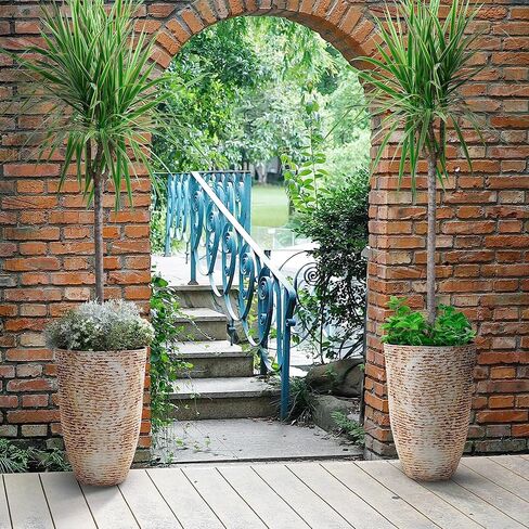 Worth Garden 2-Pack 21" H. White Tall Planters - 14'' Dia Resin Large Round Flower Pots for Outdoor Plants Trees - Imitation Stone Finish Plastic Indoor Front Porch 9 Gallon Decorative Container Patio in Saudi Arabia