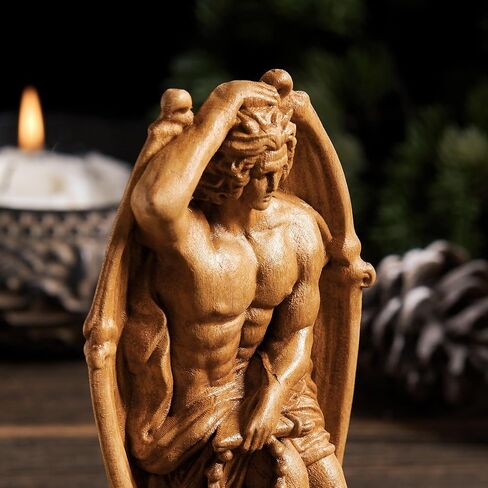 Le Génie du Mal - Majestic Lucifer Statue,Fallen Angel Demon Wood Carving,Handcrafted Woodcarved Satanic Artifact for Home Altar Decor (Wood) in Saudi Arabia