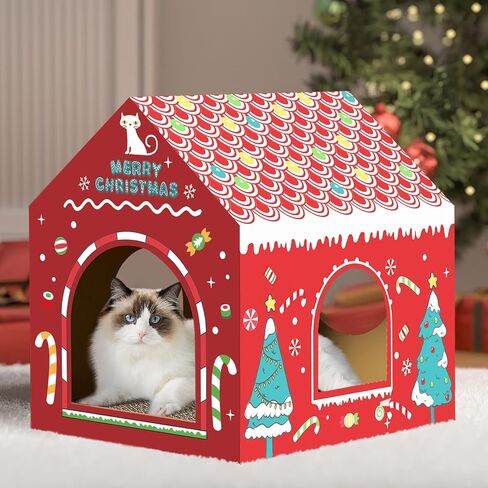 WESTERN HOME Cardboard Cat House W/Scratcher, Christmas Cat Houses for Indoor Cats (16.5''x12''x15''), Bunny&Kitten Hideaway Cats Scratching Playhouse for Christmas Decorations in Saudi Arabia