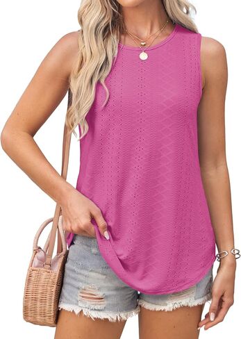 Womens Tank Tops Round Neck Sleeveless Shirts Flowy Loose Fit Basic Casual Eyelet Summer Tops Fashion Tanks in Saudi Arabia