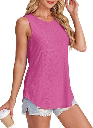 Womens Tank Tops Round Neck Sleeveless Shirts Flowy Loose Fit Basic Casual Eyelet Summer Tops Fashion Tanks in Saudi Arabia