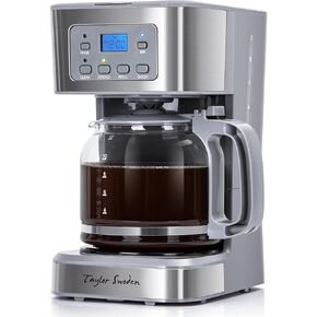Taylor Swoden 12-Cup Programmable Coffee Maker, Regular & Strong Brew Drip Coffee Machine for Home and Office, Glass Carafe, Pause & Serve, Auto Shut Off, Gray & Stainless Steel