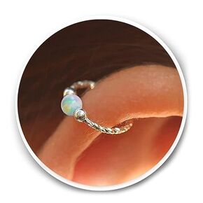 White Opal Silver Helix Ring 20g - Cartilage Hoop Earring Hammered 925 Sterling Silver - Tiny 20 Gauge Helix Hoop - Shiny White Opal Silver Beads - Handmade Body Jewelry for Women - Elegant Design
