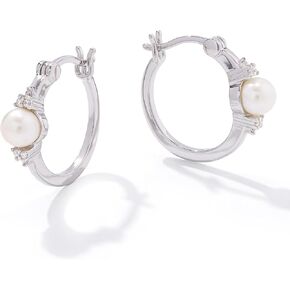 JTV White Cultured Freshwater Pearl Plated Sterling Silver Hoop Earrings - Silver Pearl Earrings - Small Pearl Hoop Earrings - Trendy Hoop Earrings for Women - Freshwater Pearl Jewelry - Real Pearls
