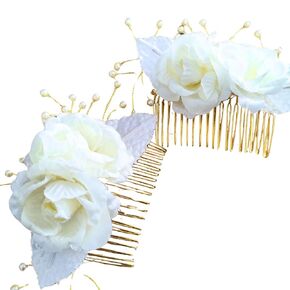 White Rose Hair Comb with Gold-Plated Metal - Bridal Wedding Flower Hair Accessory, Set of 2 (Rose and Pearl Design)