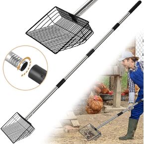 10inch Large Metal Chicken Poop Scooper, 4 in 1 Chicken Coop Litter Scoop with (24 to 68" Long) Stainless Steel Handle, Multifunctional Heavy Duty Litter Sifting Shovel Chicken Coop Accessories