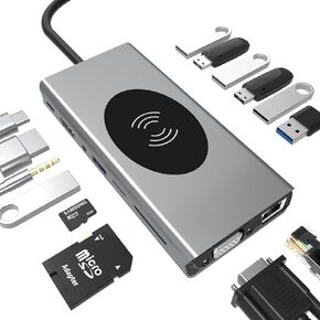 15-in-1 USB-C Docking Station with 4K HDMI, Wireless Phone Charger, for MacBook Pro/Air, Dell, Lenovo, HP - Including VGA, SD/Micro SD/TF Card Reader, Ethernet, USB-C PD,SUB 3.0 & USB 2.0, Audio Jack