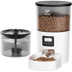 WiFi Automatic Cat Feeder and Water Dispenser, Timed Dry Food Dispenser APP Remote Control, Programmable Portions, Cat Fountains for Drinking with Filter, Small Pets (3L Combo)