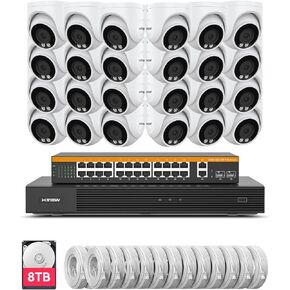 H.VIEW 32CH 4K PoE NVR Security Camera System 8TB, Smart Detection, 24 Port PoE Switch, 24x8MP Outdoor Commercial PoE IP Cameras, AI Detection Trigger Color Night Vision, Surveillance for Business
