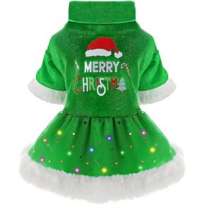 Sebaoyu Dog Christmas Dress, Dog Christmas Sweater Dress Female, LED Light Winter Dog Sweater for Small Dogs Girl, Dog Christmas Outfit, Dog Christmas Clothe Costume,Cat Puppy Pet Apparel (M，Green)