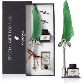 VANGOAL Dragon Quill Pen and Ink Set, Vintage Dragon Feather Pen with Novelty Pen Base, Retro Carving Dip Pen Calligraphy Pen Gift Set for Writing, Drawing, Desktop Decoration(Dark Blue)