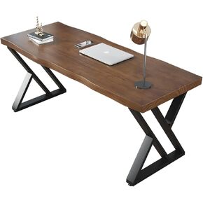 Modern Gaming Workbench Solid Wood Computer Desk Study Office Desk 55" Writing Desk, Modern Simple Style PC Table, Black Metal Frame, Solid Wood Planks 55" D x 27" W x 29" H for Home Office