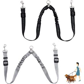 2 Pcs Double Dog Leash, No Tangle for Walking 2 Dogs Adjustable Length Leash Reflective Splitter for Large and Small Dogs(Black, Grey)