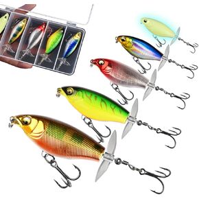 Topwater Fishing Lures with Floating Rotating Tail,Floating Lure for Bass Catfish, Water Fishing Lure for Freshwater or Saltwater, 5pcs with Storage Box.
