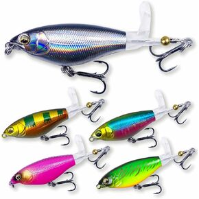 Topwater Fishing Lures Kit All Weather,5 Pcs Top Water Bass Pencil Plopper Fishing Lures Set with Tackle Box, Freshwater or Saltwater Bass Fishing Lure Set for Beginner and Experienced