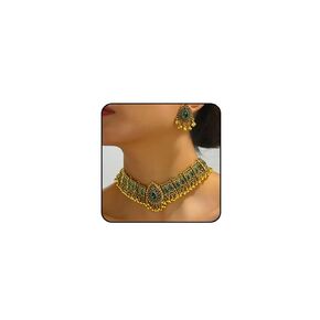 Indian Jewellery Set for Women Handmade Bohemian Red Green Crystal Necklace Bollywood Rhinestone Earrings Traditional Gold Ethnic Style Indian Jewelry for Wedding (Black)
