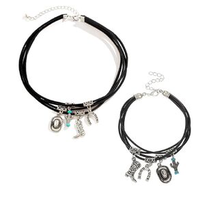 WCRAZYE Western Boot Hat Leather Necklace Bracelet Sets for Women Vintage Boho Charm Layered Boots Hats Horse Shoe Turquoise Cactus Necklace Western Country Jewelry (Black)