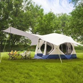 Camping Tent 4/6 Person with Canopy XL, Hub Tent with 10 Windows, PU2000 Waterproof Pop Up Cabin Tent Setup in 60 Seconds, Gazebo for Overlanding, Glamping, Outdoor