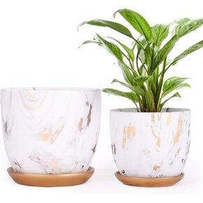 8 Inch Ceramic Plant pots (Set of 2), 8 Inch 7 Inch Modern Flower Planter, Gold Marble Gardening Pots with Drainage Hole and Saucer for Outdoor Indoor Yard Garden Home Office Decoration.