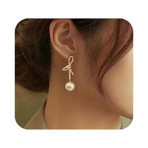 Gold Dangle Earrings Pearl Bow Pearl Earrings For Women Drop Pearl Earrings14K Gold Bow Dangle Drop Earrings Gift For Girls Wedding Earring