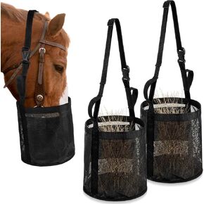 2 Pcs Horse Feed Bag Comfort Breathable Mesh Feed Bucket Heavy Duty Feed Bag with Adjustable Strap and Waterproof Bottom for Horse Feeding Supplies Muzzle Feed Bag, Medium (Black)