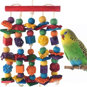 Bird Toys,Parakeet Chewing Toys,Multicolored Natural Wooden Blocks Birds Parrot Tearing Toys mit Rattan Wicker Balls,for Medium Small Macaw Cockatoos Budgie Lovebird Cockatiel Conures