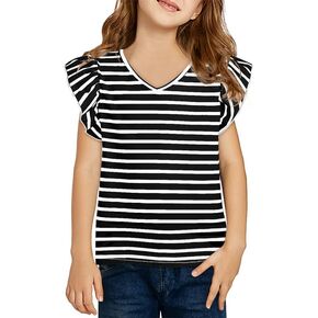 Girls Ruffle Short Sleeve Striped T Shirts Summer Cute V Neck Tie Back Tee Tops 6-15 Years