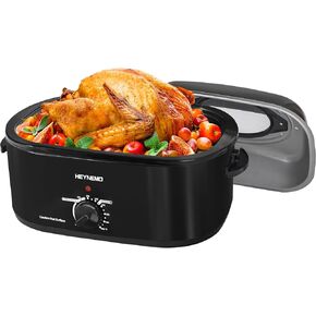 HEYNEMO Electric Roaster, Roaster Oven 26 Quart with Self-Basting Lid, Turkey Roaster Oven with Removable Pan and Rack, Adjustable Temperature Control Powerful 1450W Stainless Steel, Black