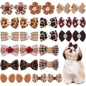 28Pcs Light Pink Small Dog Hair Bows Cute Puppy Dog Bowknot Hair Bow Bulk with Rubber Bands Elastic Lace Rhinestone Pearls Hair Ties Mix Style Handmade Flower Bow Dog Cat (Brown, Classic pattern)