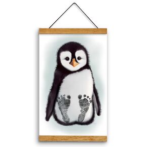 Memory Lane Gifts Co. Baby Footprint Art, Baby Shower Gift, Original Artwork, Nursery Art Keepsake, Baby Penguin (Yellow, Teak)