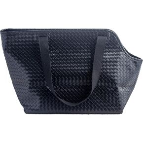 Luxury Woven Dog Purse Carrier - Cozy Faux Leather, Secure Harness Clip, Black Tote Bag for Small Dogs and Puppies