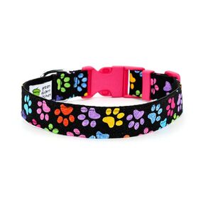 Colorful Paw Prints Dog Collar - Black With Pink Buckle - Unisex - 4 Sizes - 1 Inch Wide (Large 14-21")