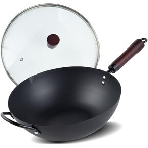 Carbon Steel Wok Pan,12.5" Non-Stick Woks & Stir-Fry Pans with Glass Lid,No Chemical Coated Flat Bottom Iron Wok for Induction,Electric,Gas,Halogen,All Stoves-Practical Gift (12.5")