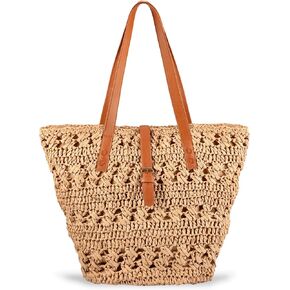 YXILEE Straw Bag for Women - Summer Beach Tote Bags - Handmade Zipper Straw Shoulder Bag with Removable Pouch