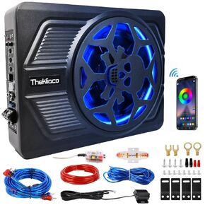 10'' 800W Slim Under Seat Powered Car Subwoofer,Built-in Car/Truck Audio Amplifier with Wiring Kit & Multi Colors Ambient Lighting, High & Low Level Input,Remote Control