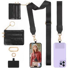 LOUXIFENG Clip and Go Strap for Phone with Wallet Crossbody for Women Cell Phone Lanyard for Phones Case Cross Body Phone String with Zipper Leather Pouch Adjustable Phone Chain Cellphone Holder Badge