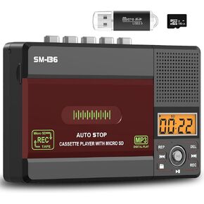 Cassette Tape Player Walkman, USB C or SD Card Audio Cassette to Digital Converter Recorder, Record to Cassette/Computer/SD Card via Mic, LCD Display, Loud Speaker, Headphone Jack,16GB SD Card