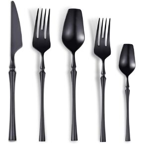 20-Piece Matte Black Silverware Set for 4,Modern 18/10 Stainless Steel Flatware Set,Unique Rustic Cutlery Utensils Set,Spoon and Fork Set for Home, Restaurant,Mirror Polished,Dishwasher Safe