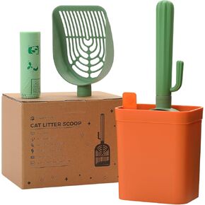 Cactus Cat Litter Scooper with Holder - 2 Replaceable Wheat Straw Plastic Shovels & ABS Handle and Box - Cat Litter Scoop with Bag & Trash Bag Storage - Premium Kitty Litter Scoop Green