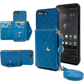ELISORLI Compatible with BlackBerry KEY2 Wallet Case with Crossbody Shoulder Strap and Stand Leather Credit Card Holder Lanyard Slot Cell Accessories Phone Cover for Key 2 Two KEYtwo Women Blue