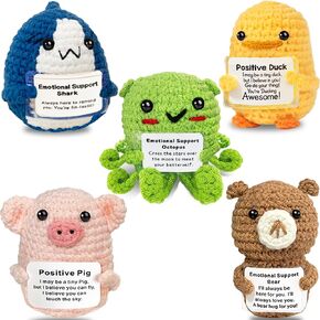 5 Pcs Positive Crochet Animals Positive Duck Shark Handmade Emotional Support Crochet Plush Dolls with Inspirational Card Cute Funny Men Womens Gifts for Christmas Graduation Birthday Decoration