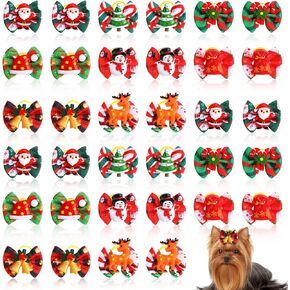 34 Pcs/ 17 Pairs Christmas Dog Bows Bowknot Dog Hair Clips Holiday Grooming Bows Puppy Christmas Bow with Rubber Bands Santa Claus Snowman Dog Topknot Bows Dog Hair Accessories for Pets Dogs Cats