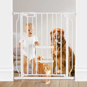 Newnice Baby Gate with Cat Door, 33" Tall 29.9-48.8" Auto Close Metal Cat Gate for Stairs, Pressure Mounted Dog Gate for Doorways, Stairs, Kitchen, Walk Thru Safety Gate with Small Pet Door, White