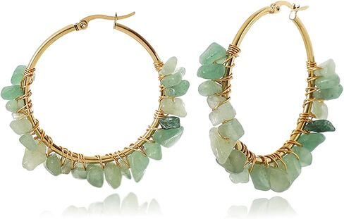Handmade Crystals Earrings for Women 14K Gold-Plated Wire Wrapped Healing Tumbled Stone Eardrop Earrings Boho Natural Raw Amethyst Dangling Earrings Healing Crystals Earrings (Green) in Kuwait