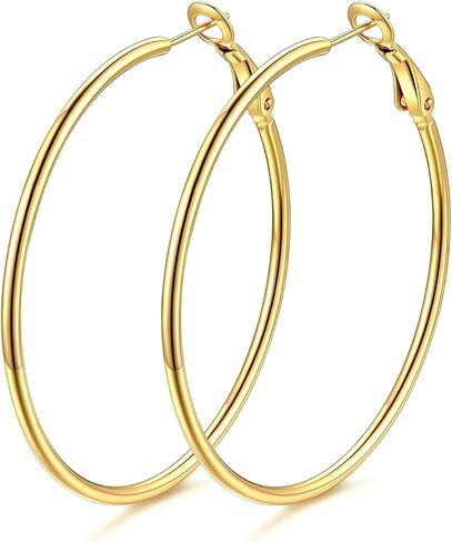 KeyStyle Gold Hoop Earrings for Women, Stainless Steel Hoops Earring Lightweight Loops, 2 mm Thick Hypoallergenic Circle Endless Thin Hoop (30 mm,50 mm,70 mm,100 mm) in Saudi Arabia