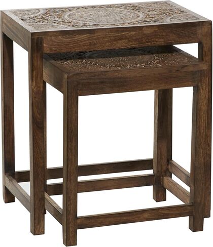 Deco 79 Mango Wood Floral Handmade Side End Accent Table Intricately Carved End Table, Set of 2 Side Table 24", 20"H, Brown in Saudi Arabia