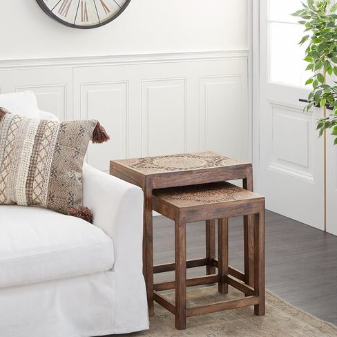 Deco 79 Mango Wood Floral Handmade Side End Accent Table Intricately Carved End Table, Set of 2 Side Table 24", 20"H, Brown in Saudi Arabia